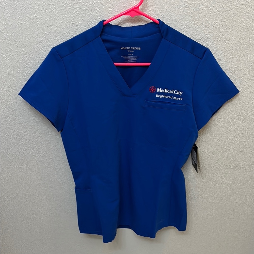 White Cross Blue Fitted Cap Sleeve Tee Medical City Logo
